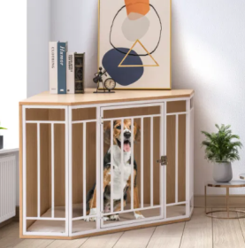 Wood and Metal Corner Dog Crate and Kennel