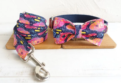 Festive Graffiti Bow Tie Leash and Collar Combo (size: X Small)